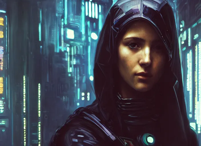 Image similar to Maria. Cyberpunk female hacker wearing stealth suit hiding from police patrol (blade runner 2049, cyberpunk 2077). Orientalist portrait by john william waterhouse and James Gurney and Theodore Ralli and Nasreddine Dinet, oil on canvas. Cinematic, hyper realism, realistic proportions, dramatic lighting, high detail 4k