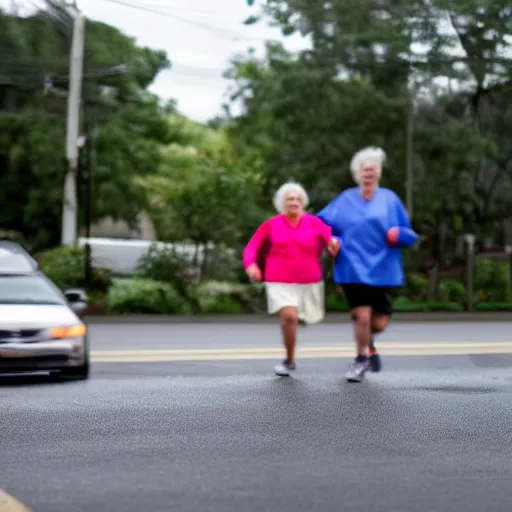 Prompt: nursing home clients running down the street find a car and start to drive. shallow depth of field. very dark and stormy