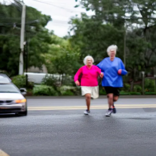 Image similar to nursing home clients running down the street find a car and start to drive. shallow depth of field. very dark and stormy