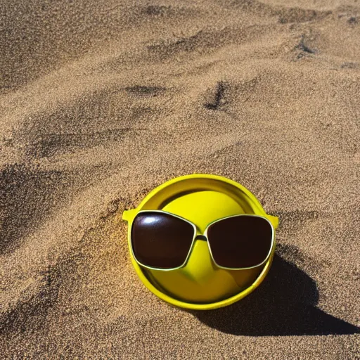 Prompt: lemon wearing sunglasses sitting in the sand