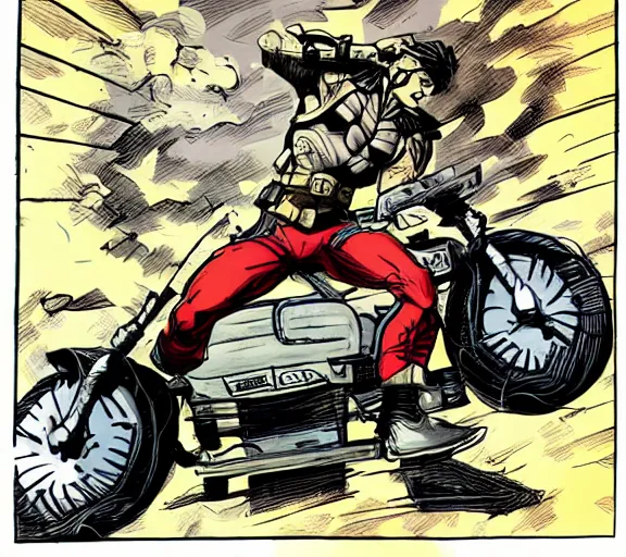 Prompt: solid snake crashing through a wall riding a motorcycle, in the style of jack kirby