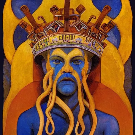 Image similar to the tentacle crown, by Annie Swynnerton and Nicholas Roerich and Diego Rivera, glowing skin, elaborate costume, geometric ornament, symbolist, rich color, dramatic cinematic lighting, smooth, sharp focus, extremely detailed