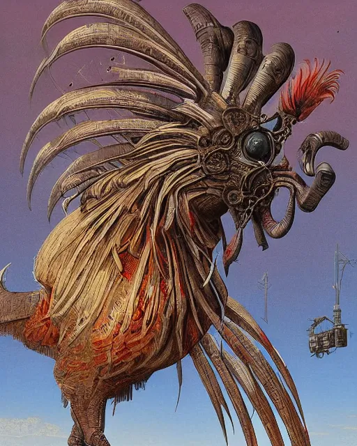 Prompt: digital painting of an angry and ominous mechanical rooster, by wayne barlowe and bob pepper and salvador dali, dieselpunk, highly detailed, intricate, sharp focus, portrait, talons, anatomy, beak, wings