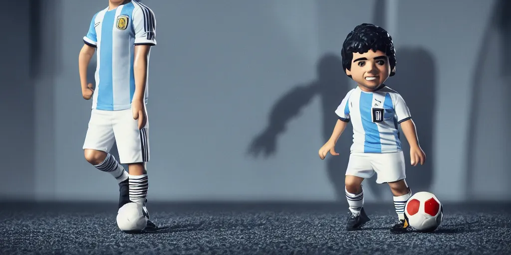 Image similar to funko of young thing maradona with big head, argentina t - shirt, smile, no beard, stand with a ball under his left foot, max resolution, high contrast, cinematic, light cinematic, volumetric, realistic, cinematic lighting, octane render, hyper realistic