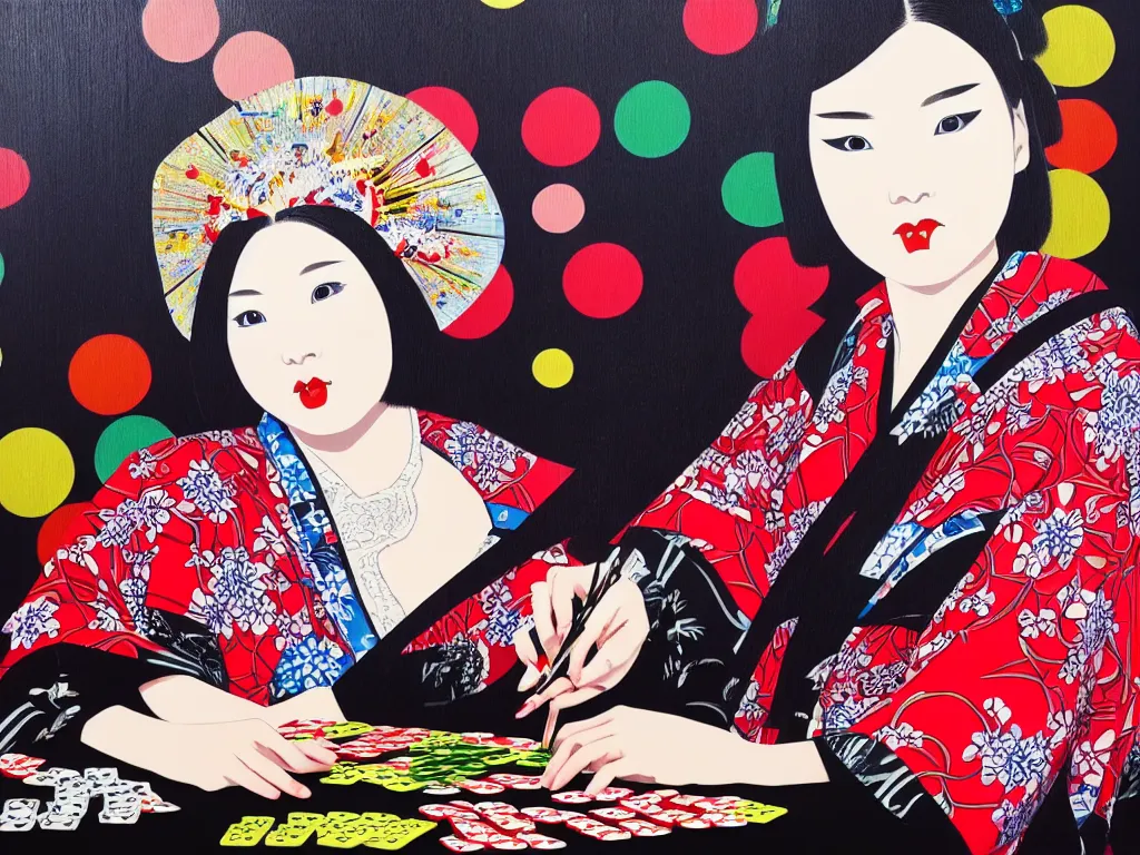 Image similar to hyperrealistic composition of the detailed woman in a japanese kimono sitting at a extremely detailed poker table with detailed darth vader, fireworks, mount fuji on the background, pop - art style, jacky tsai style, andy warhol style, acrylic on canvas