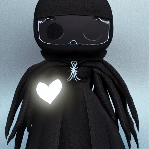 Image similar to cute fumo plush of a pure vantablack arachnid girl with a white glowing heart, lens flare, gothic regal, vray, girl with a guilty heart, webs