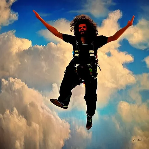 Image similar to egyptian man with long curly hair skydiving, dreamy clouds, pastel tones, by jose miguel roman frances
