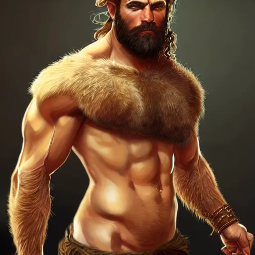 Image similar to portrait of a young rugged male barbarian, handsome, upper body, hairy torso, D&D, muscular, fantasy, intricate, elegant, highly detailed, digital painting, artstation, concept art, smooth, sharp focus, illustration, art by artgerm and greg rutkowski and alphonse mucha