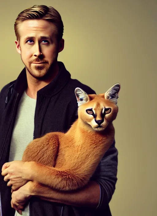 Image similar to Ryan Gosling holds a caracal cat in his hands, ultra highly detailed, elegant, artstation, octane render,
