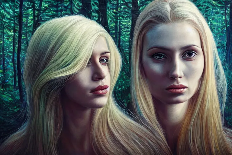 Prompt: realistic detailed portrait painting of a beautiful ghost woman with blond hair with an alien, futuristic sci-fi forest on background