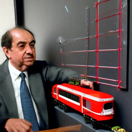 Image similar to alfredo perez rubalcaba playing with train toys