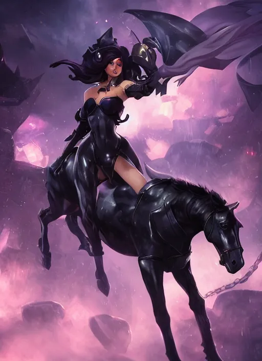 Image similar to leblanc, from league of legends, riding!!! a robotic black horse, au naturel, hyper detailed, digital art, trending in artstation, cinematic lighting, studio quality, smooth render, unreal engine 5 rendered, octane rendered, art style by klimt and nixeu and ian sprigger and wlop and krenz cushart