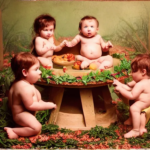 Image similar to photo of baby knights of the round table, by anne geddes, 4 k, very detailed