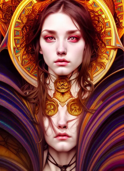 Image similar to overlord, psychedelic, portrait, highly detailed, deep focus, elegant, digital painting, smooth, sharp focus, illustration, ultra realistic, 8 k, art by artgerm and alphonse mucha