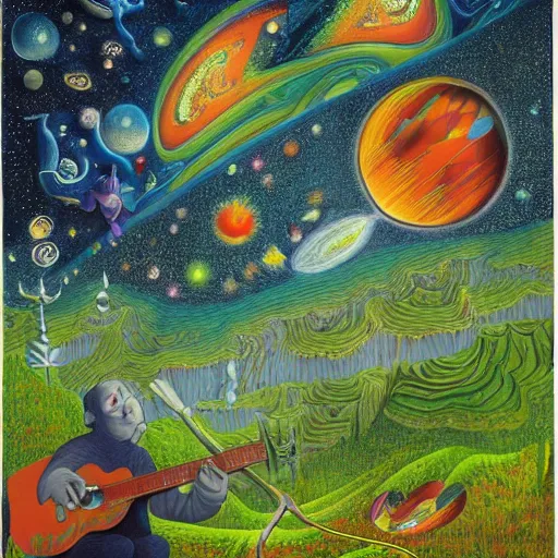 Prompt: morning in the middle of the day in the lush forest, guitar, milky way, designed by moebius, rob gonsalves, gustav dore, giuseppe arcimboldo and carl barks, louis wain, trending on artstation, canada, star, sharp focus, colorful refracted sparkles and lines, soft light, 8 k 4 k