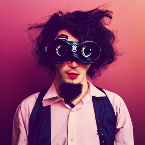 Image similar to kodak ektar 1 0 0 photograph of a nerdy goth guy wearing goggles and eclectic jewelry, moody lighting, telephoto, 9 0 s vibe, blurred background, vaporwave colors, faded!,