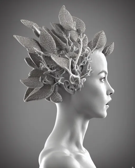 Image similar to close - up profile face, complex 3 d render of a beautiful porcelain vegetal dragon cyborg young female, 1 5 0 mm, beautiful natural soft rim light, silver gold details, magnolia leaves and stems, roots, fine lace, mandelbot fractal, elegant, ultra detailed, white metallic armour, octane render, black and white, h. r. giger style