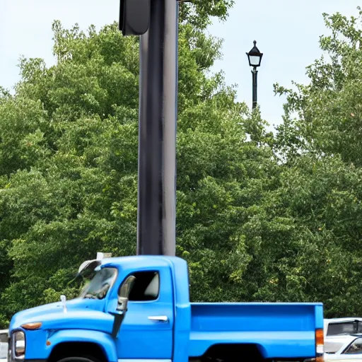 Image similar to blue truck dangling from atop a street light pole