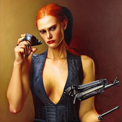 Image similar to portrait of a woman with a shotgun prosthetic, by gerald brom