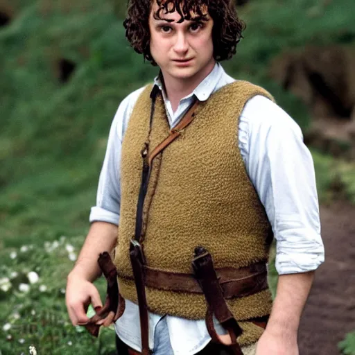 Prompt: frowning clean shaven pudgy British lad with short curly dark brown hair as a hobbit wearing a white men's crossbody sling chest bag and blue vest, blue vest!! white crossbody chestbag!! high resolution film still, movie by Peter Jackson