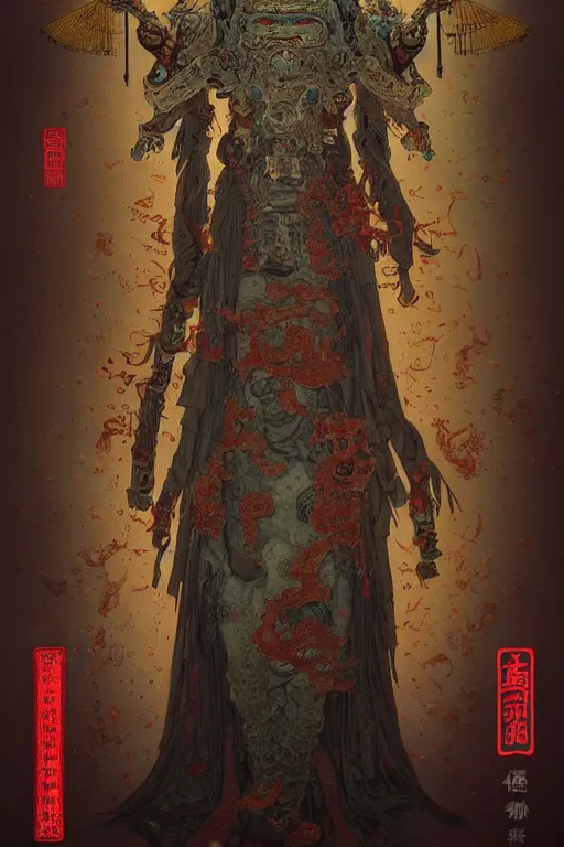 Prompt: ancient chinese zombies - body official clothes of the qing dynasty, symmetrical. sci - fi, tech wear, glowing lights, intricate, elegant, highly detailed, digital painting, artstation, concept art, smooth, sharp focus, illustration, art by artgerm and greg rutkowski and alphonse mucha, epic fantasy art. indian mythology. beksinski and thomas kinkade.