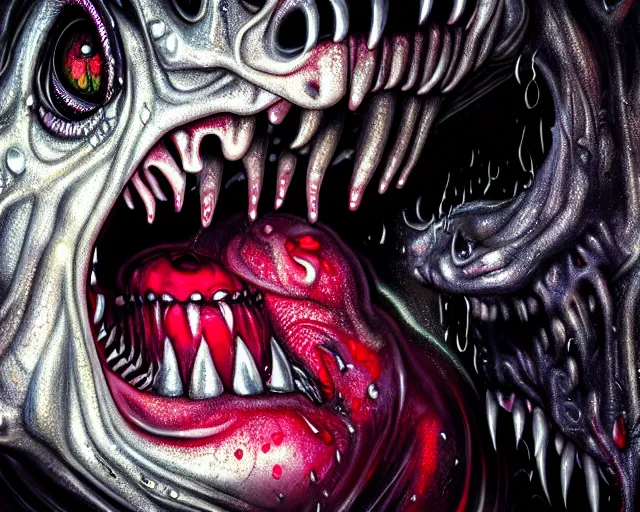 Image similar to realistic long textured tongue demon wet humanoid alien, smoke, mouth in mouth, large alien eyes, metallic reflective human teeth dripping greenish acid saliva from teeth, thin red veins, intricate grey fish scales, ornate, cinematic light shadows, reflections, crawling in a wet sewer pipe, dim flashlight lighting, insanely detailed, fisheye lens