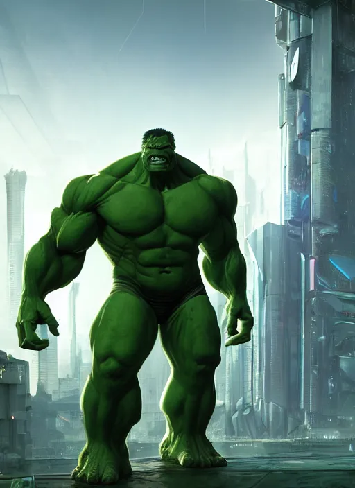 Image similar to cyberpunk scifi scene of a cybernetic modified hulk, cybernetic warrior in - plants, artstation, matt painting, very detailed, maximalism, ambient occlusion, volumetric light, atmospheric haze, unreal engine, hyper realism, realistic shading, cinematic composition, realistic render, octane render, detailed textures, photorealistic, wide shot