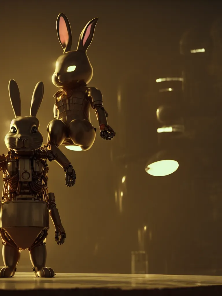 Image similar to film still of a mechanical bunny in a marvel movie, science fiction industrial hard science concept art, 8K render octane high definition cgsociety, photorealistic, unreal engine 5