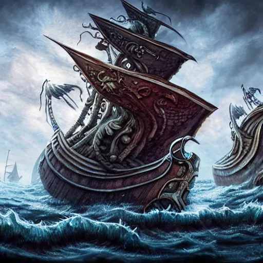 Prompt: kraken attack epic viking ship, centered in picture, epic fantasy, detailed, intricate, digital painting, concept art, realistic, smooth, focus, rim light