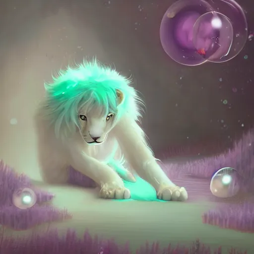 Image similar to aesthetic portrait commission of a albino male furry anthro lion under a lavender bubble filled while wearing a cute mint colored cozy soft pastel winter outfit with pearls on it, winter Atmosphere. Character design by charlie bowater, ross tran, artgerm, and makoto shinkai, detailed, inked, western comic book art, 2021 award winning painting