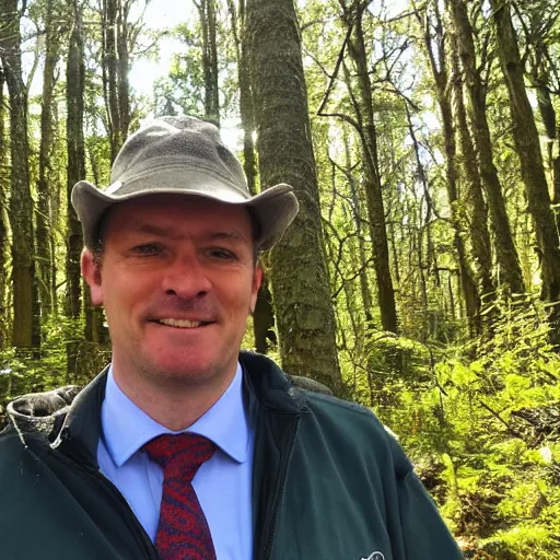 Image similar to DCI Tom Barnaby standing in a sunny forest clearing.