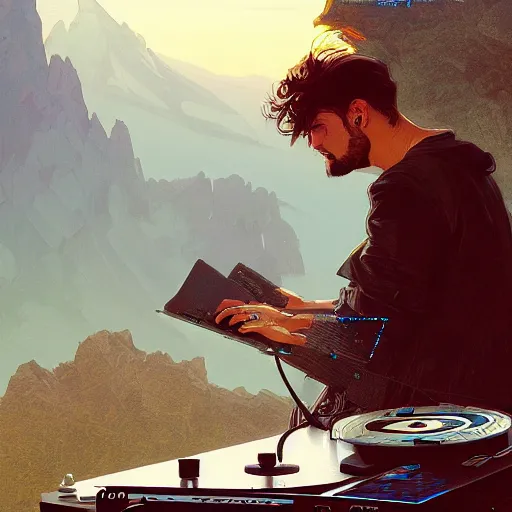 Image similar to a male dj mixing his music alone on the top of a mountain, highly detailed, digital painting, Artstation, concept art, dreamy, smooth, sharp focus, illustration, art by Greg Rutkowski, Alphonse Mucha