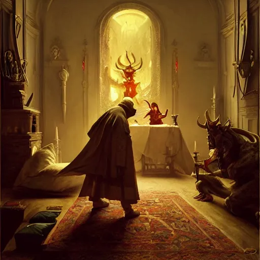 Image similar to the pope is in his bedroom, terrified because a horned demon is attacking him. highly detailed painting by gaston bussiere, greg rutkowski, craig mullins 8 k