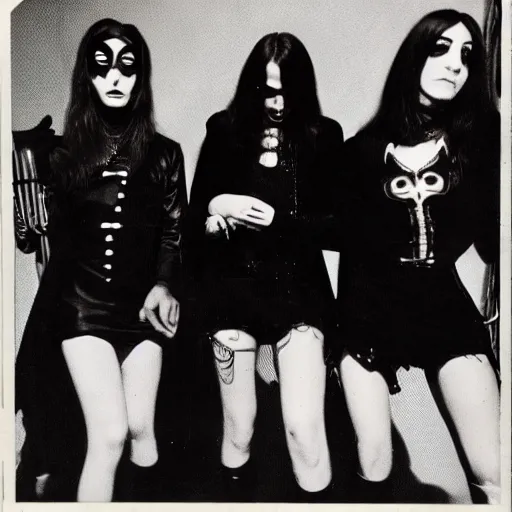 Prompt: group of 2 1 - year - old girls dressed like black sabbath, female rock band, proto - metal, doom metal band promo, 1 9 7 0 photograph