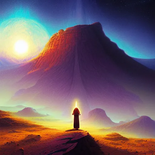 Prompt: A Pilgrim, by Peter Elson, Noah Bradley, Chromatic Abberation, vibrant , Post processing effects, Panini, Outrun