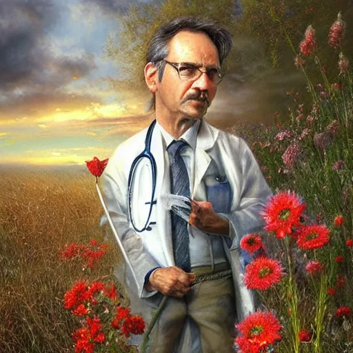 Prompt: Didier Raoult the French doctor saves the world, realistic, detailed, cinematic light, art by catholic saints