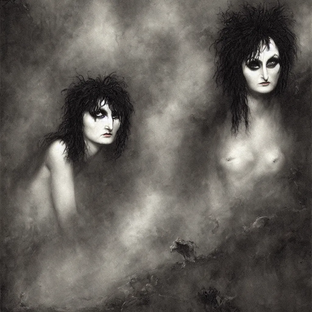 Image similar to siouxsie sioux, creepy atmosphere, dark, portrait, realistic, very realistic, illustration by gustave dore