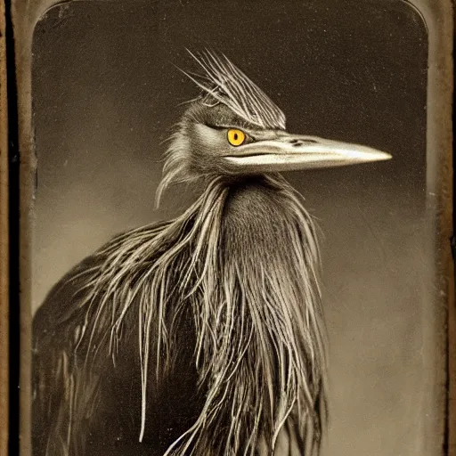 Prompt: ambrotype portrait of bedraggled heron - coyote creature wearing rain coat, 3 5 mm, f 2. 8, shallow depth of field, hand - tinted