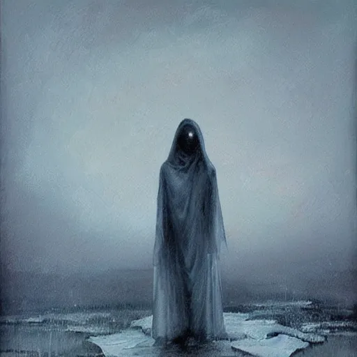 Prompt: ominous bedsheet ghost standing on a frozen lake, oil painting, brush strokes, gloomy foggy atmosphere, symmetrical, full body image, highly ornate intricate details,