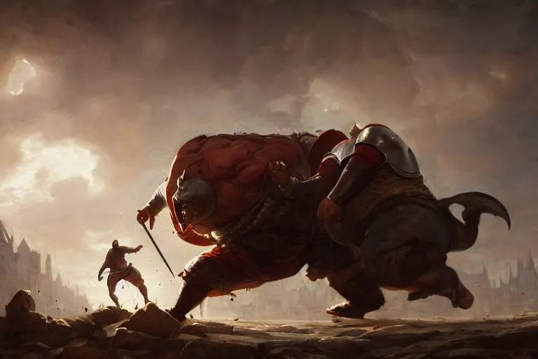 Image similar to a dynamic painting of a medieval man fighting a gigantic white fat monster, obese monstrosity fight by greg rutkowski, realism, ultra detailed, 8 k resolution