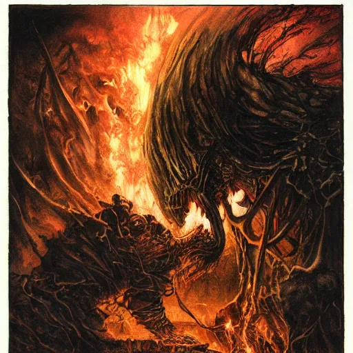 Image similar to the darkest fire, the brightest darkness, good and evil, epic, masterpiece, 8 k, 8 5 mm f / 1. 8 horror, flames, dark sci - fi, by bernie wrightson, by santiago caruso, by sabbas apterus