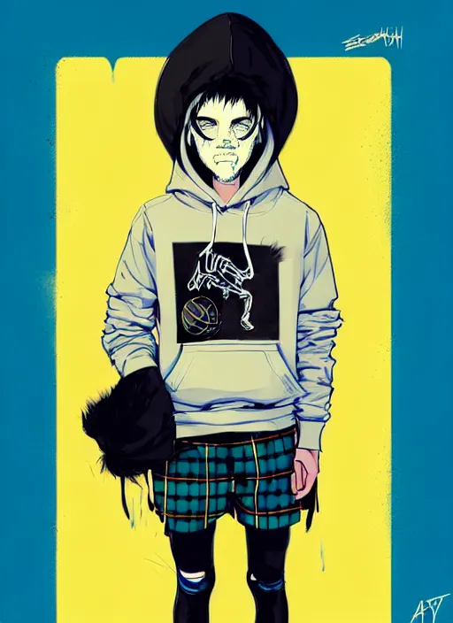 Prompt: highly detailed portrait of basketball boy punk student, blue eyes, tartan hoody, hat, white hair by atey ghailan, by greg tocchini, by kaethe butcher, gradient yellow, black, brown and cyan color scheme, grunge aesthetic!!! ( ( graffiti tag wall flat colour background ) )