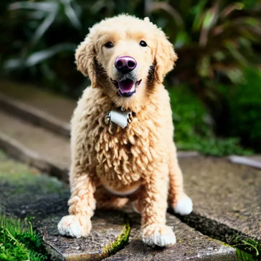 Image similar to a crochet golder retriever, very cute, kawaii, extremely detailed, complex, intricate, Sigma 50mm f/1.4