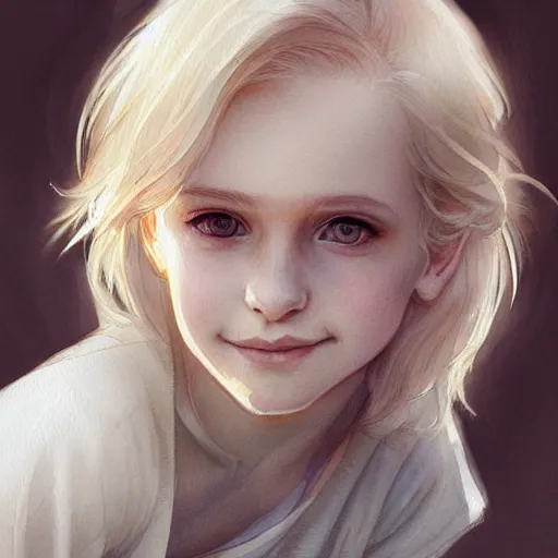 Prompt: young boy, blonde hair, happy eyes, smile, gorgeous, amazing, delicate, elegant, intricate, highly detailed, watercolor, portrait, artstation, concept art, sharp focus, illustration, art by charlie bowater and Ross tran