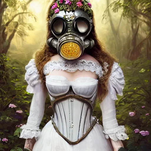 Image similar to A masterpiece ultrarealistic ultradetailed portrait of a Incredibly beautiful angel armored princess knight IN INCREDIBLE ceramic GAS MASK WITH FLOWERS and swarovski crystals. baroque renaissance. in the forest. White amazing corset. medium shot, intricate, elegant, highly detailed. trending on artstation, digital art, by Stanley Artgerm Lau, WLOP, Rossdraws, James Jean, Andrei Riabovitchev, Marc Simonetti, Yoshitaka Amano. background by James Jean and Gustav Klimt, light by Julie Bell, 4k, porcelain skin. BY ZDIZISLAW BEKSINSKI Cinematic concept art