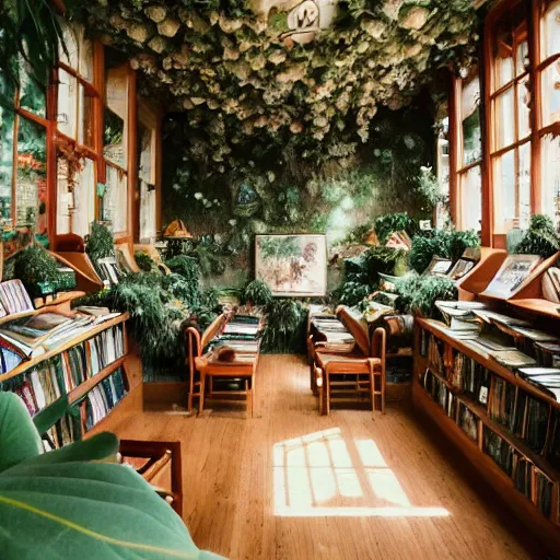 Prompt: Dreamy photo of a very very cozy bookstore cafe that is nestled into the lush PNW woods, lush plants and flowers, sleepy feeling, magical feeling, hazy, film grain, muted color palette, castles and temple details, ornaments, in the style of Gucci, photographed by Petra Collins and Wes Anderson, magic details, 8k, trending on artstation, very detailed W 910