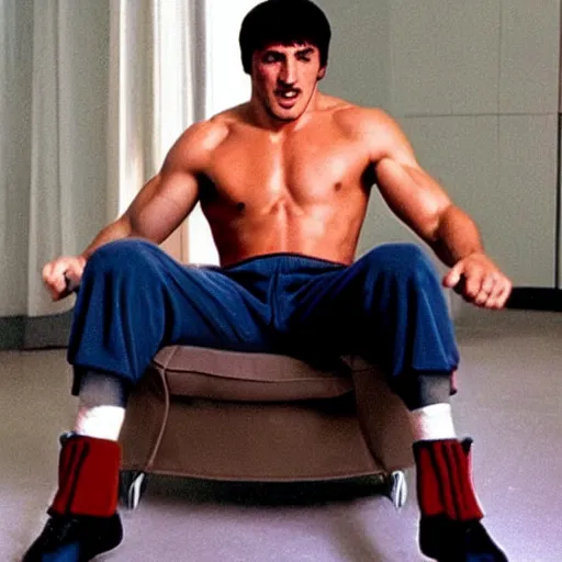 Image similar to rocky balboa holding a playstation!! controller!! video game console sitting in a chair