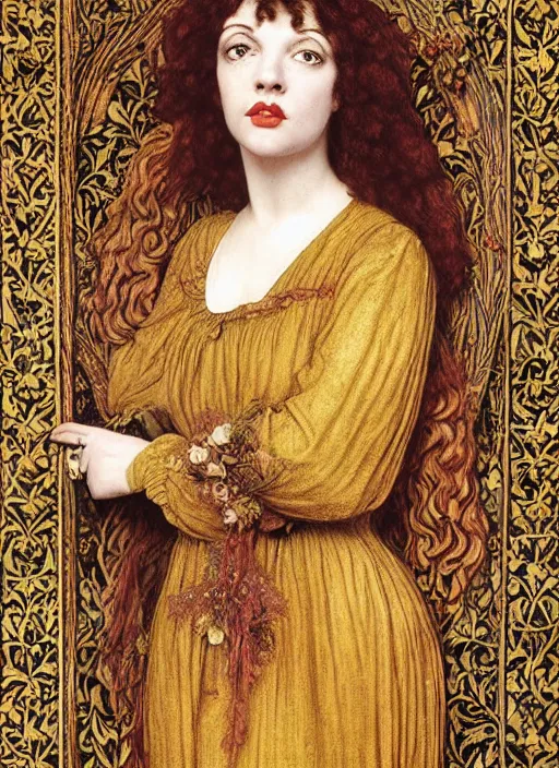 Prompt: masterpiece of intricately detailed preraphaelite photography portrait face hybrid of judy garland and a hybrid of flo perry and shelley duvall, aged 6 0, sat down in train aile, inside a beautiful underwater train to atlantis, betty page fringe, medieval dress yellow ochre, by william morris ford madox brown william powell frith frederic leighton john william waterhouse hildebrandt
