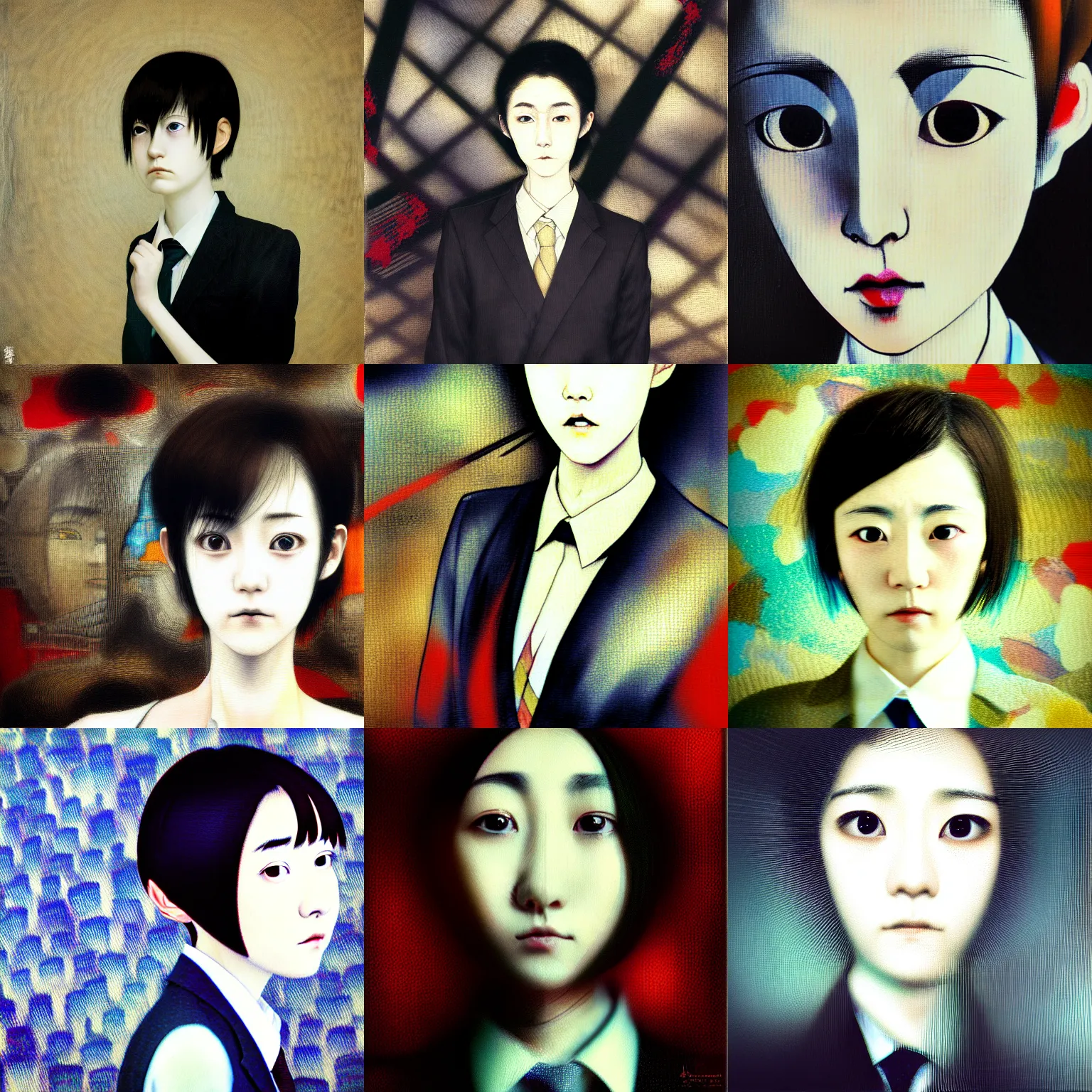 Image similar to yoshitaka amano blurred and dreamy realistic three quarter angle portrait of a young woman with short hair and black eyes wearing office suit with tie, junji ito abstract patterns in the background, satoshi kon anime, noisy film grain effect, highly detailed, renaissance oil painting, weird portrait angle, blurred lost edges