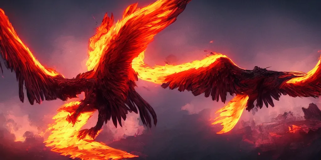 Image similar to artwork of one flame phoenix, highly detailed, artstation, night black sky background, smooth illustration, digital art, unreal engine, ultra realistic, fine art, concept art